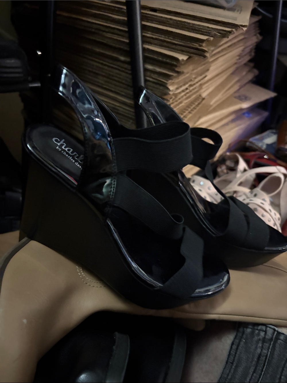 Charles by Charles David Black Elastic-Strap Wedge Sandals - Glossy Finish